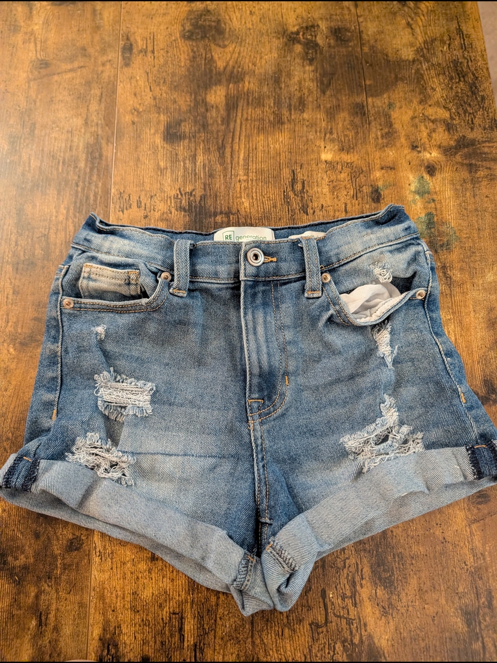 Re/Generation Distressed Light Blue Rolled-Hem Jean Shorts